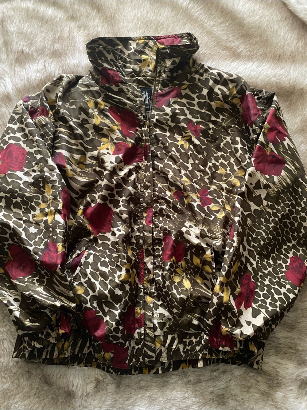 Women's Floral Leopard Print Zip-Up Jacket - Red/Gold